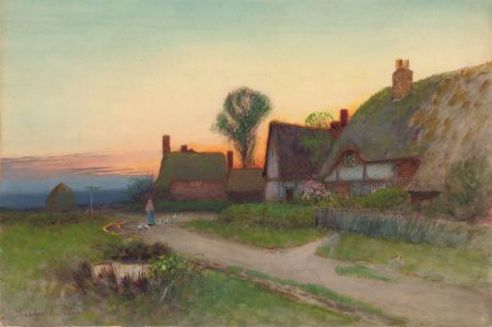 Leopold Rivers (1852-1905) - 19th Century Gouache, View of Cottages at Sunset