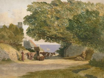 Very Fine 19th Century Watercolour - Farmer Milking Cows in Farmstead