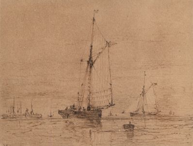 Fine 19th Century Pen and Ink Drawing - Ships in a Seascape