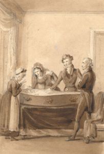 Miniature Sepia 19th Century Watercolour - Mourners Around Open Casket