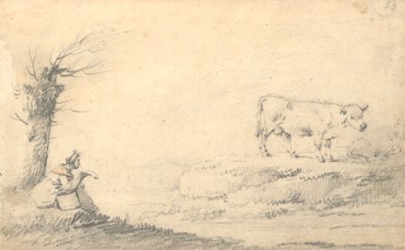 19th Century Graphite Drawing - Rural Scene with Cows and Woman Resting by Tree
