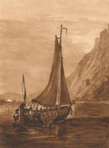 Monochrome 19th Century Watercolour - Sailboat off the Coast