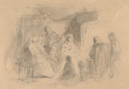 Miniature 19th Century Watercolour - Family Gathered in an Interior