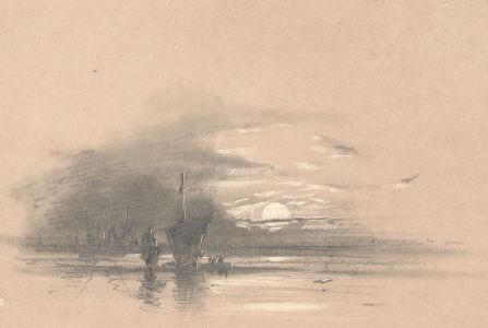 Set of Three 19th Century Graphite Drawings - Ships in Sunset Seascapes