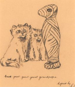 E.D - Signed 1906 Pen and Ink Drawing, Kittens and Egyptian Cat Mummy