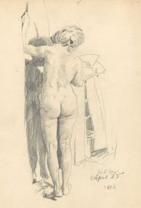 William Robert Hay - Signed 1915 Graphite Drawing, Nude in an Interior