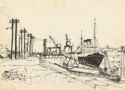 Paul Sharp ARCA RWS - Mid 20th Century Pen and Ink Drawing, Harbour Scene Boats