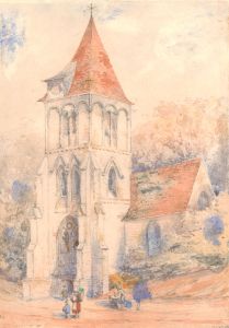 English 19th Century Watercolour - Alpine Church Landscape