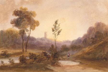 Fine Mid 19th Century Watercolour - Figure and Cathedral in a Landscape