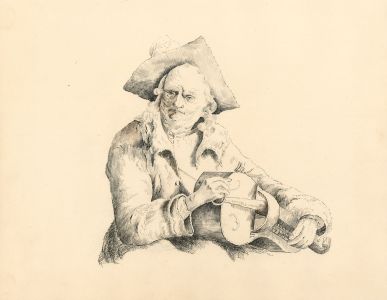 Fine Mid 19th Century Pen and Ink Drawing - Portrait Man Playing a Hurdy Gurdy