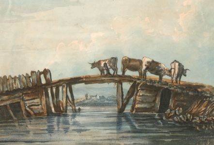 Original Late 19th Century Watercolour - Cows Crossing a River