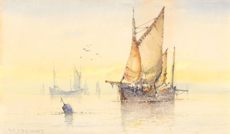 William Stewart (1823-1906) - Signed Watercolour, Fishing Smacks at Anchor