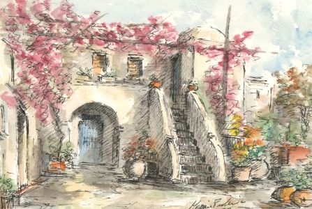 Signed 1981 Pen and Ink Drawing - Mediterranean Courtyard Garden
