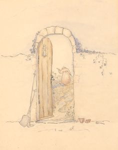 Mid 20th Century Pen and Ink Drawing - Walled Garden with Monk