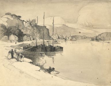 Fine Mid 20th Century Pen and Ink Drawing - Alpine Lake with Figures