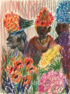 François Albegnac - Vibrant 20th Century Crayon, African Ladies in an Interior