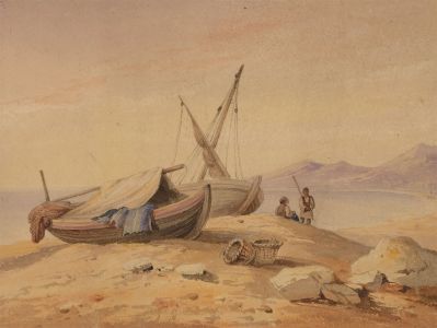 English School 19th Century Watercolour - Fishing Boats on a Beach