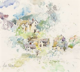 Judi Whitton - Signed Contemporary Pen and Ink Drawing, Cottages at Sheepscombe