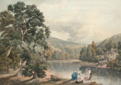 English School 19th Century Watercolour - Landscape with Figures on a River