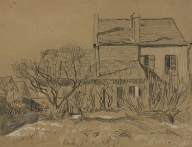 Hans James Berthold (b.1884) - Charcoal Drawing, Farmhouse in Landscape