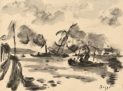 Bassy - 20th Century Charcoal Drawing, Coastal Scene with Ships