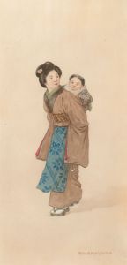 Takisha Nakayama (1893-1978) - Japanese Watercolour, Maiden Carrying Baskets