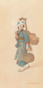 Takisha Nakayama (1893-1978) - Japanese Watercolour, Woman Carrying Child