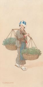 Takisha Nakayama (1893-1978) - Japanese Watercolour, Maiden Carrying Baskets