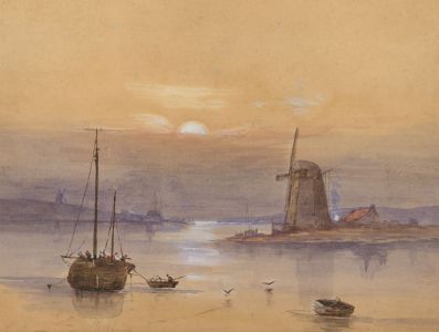 Fine Late 19th Century Watercolour - Dutch Coastal Scene with Windmills