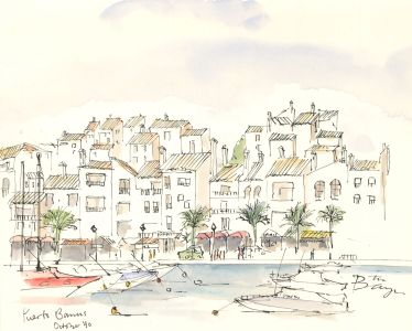 Tim Baynes - 1990 Pen and Ink Drawing, Harbourside Scene, Puerto Banus