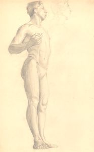 Art Student - Fine Mid 20th Century Graphite Drawing, Male Nude with Raised Arm