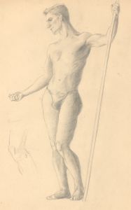 Art Student - Fine Mid 20th Century Graphite Drawing, Male Nude with Pole