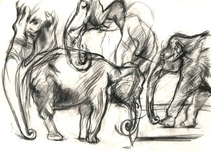 Brian Liddle - Two Contemporary Charcoal Drawings, Elephants and Tigers