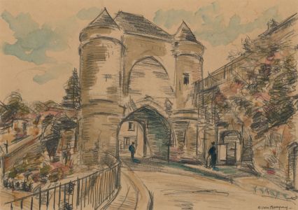 Van Rompay - 20th Century Charcoal Drawing, City Gateway