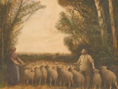 Style of J. Linnel (1792-1882)- Watercolour, Shepherd and Shepherdess with Flock
