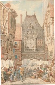A. Cardinal - 19th Century Watercolour, Market Scene Before the Gros Horloge