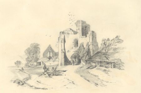 Late 19th Century Graphite Drawing - Classical Landscape with Castle Ruin
