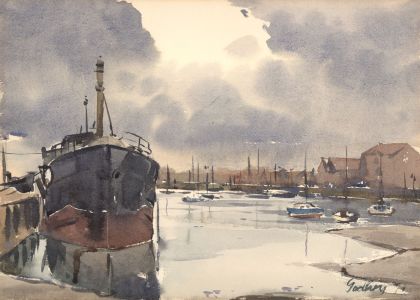 John Godfrey - 1974 Watercolour, Ship Docked at Harbour