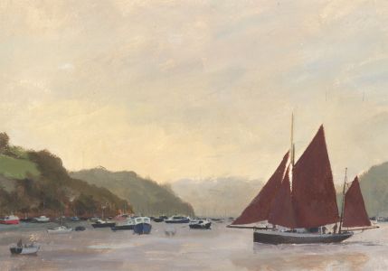 John Godfrey - Contemporary Oil, Sailing Boats at Harbour