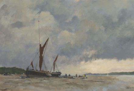 John Godfrey - Contemporary Oil, Moored Sailing Ship