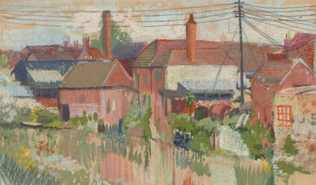 John Godfrey - Contemporary Gouache, Buildings on a Riverside