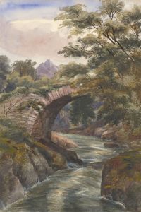 1857 Watercolour - Stone Bridge in a River Landscape