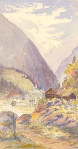 1892 Watercolour - Mountain and River Landscape with Wood Cabin