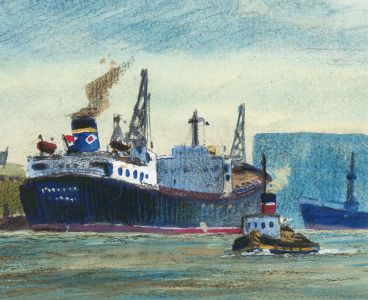 Modern British School Mid 20th Century Pastel - Cargo Ship in a Dock