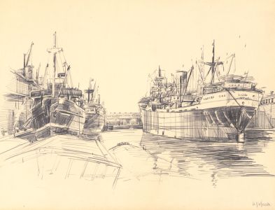 H.G. Moore - Signed Mid 20th Century Pen and Ink Drawing, Ships in a Dockyard