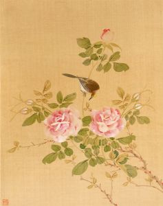 Chinese School Early 20th Century Watercolour - Bird and Roses Silk Painting