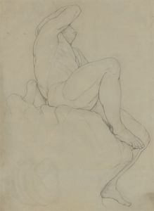 20th Century Graphite Drawing - Male Nude on a Rock