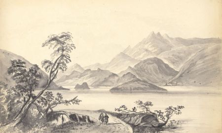 Theresa Hoblyn - Monochrome 19th Century Watercolour, Highland Loch Landscape