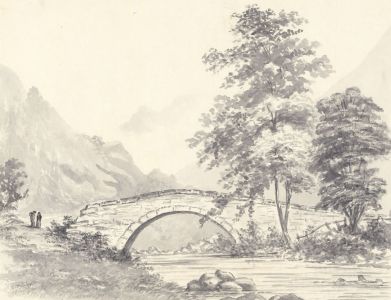 Theresa Hoblyn - Monochrome 19th Century Watercolour, Alder Bridge, North Wales