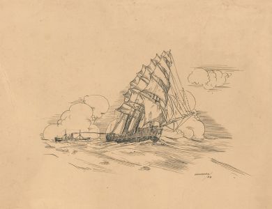 C.A. Hannaford - 1834 Pen and Ink Drawing, Ship at Full Sail